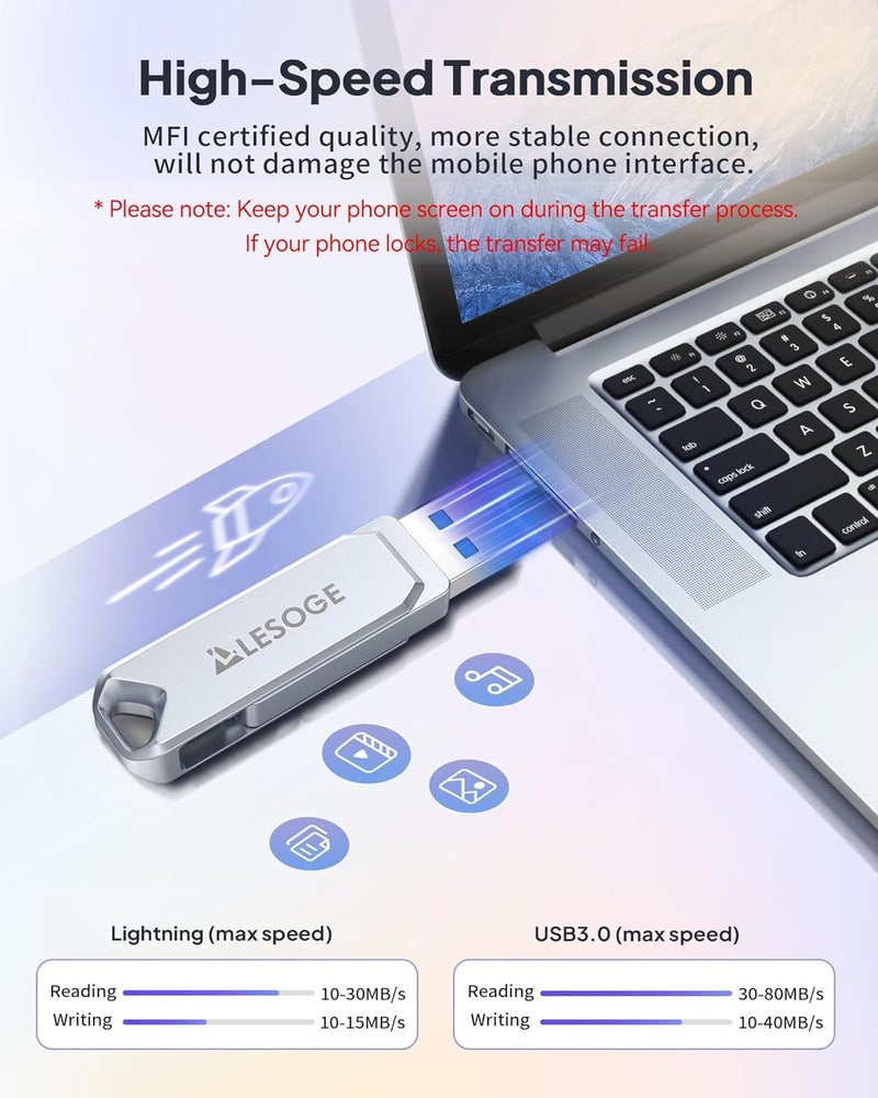 LESIGE MFi Certified 128GB Flash Drive for iPhone Photo Stick USB Memory Stick Thumb Drives, High Speed USB Stick External Storage for iPhone/iPad/Android/PC - Image 5